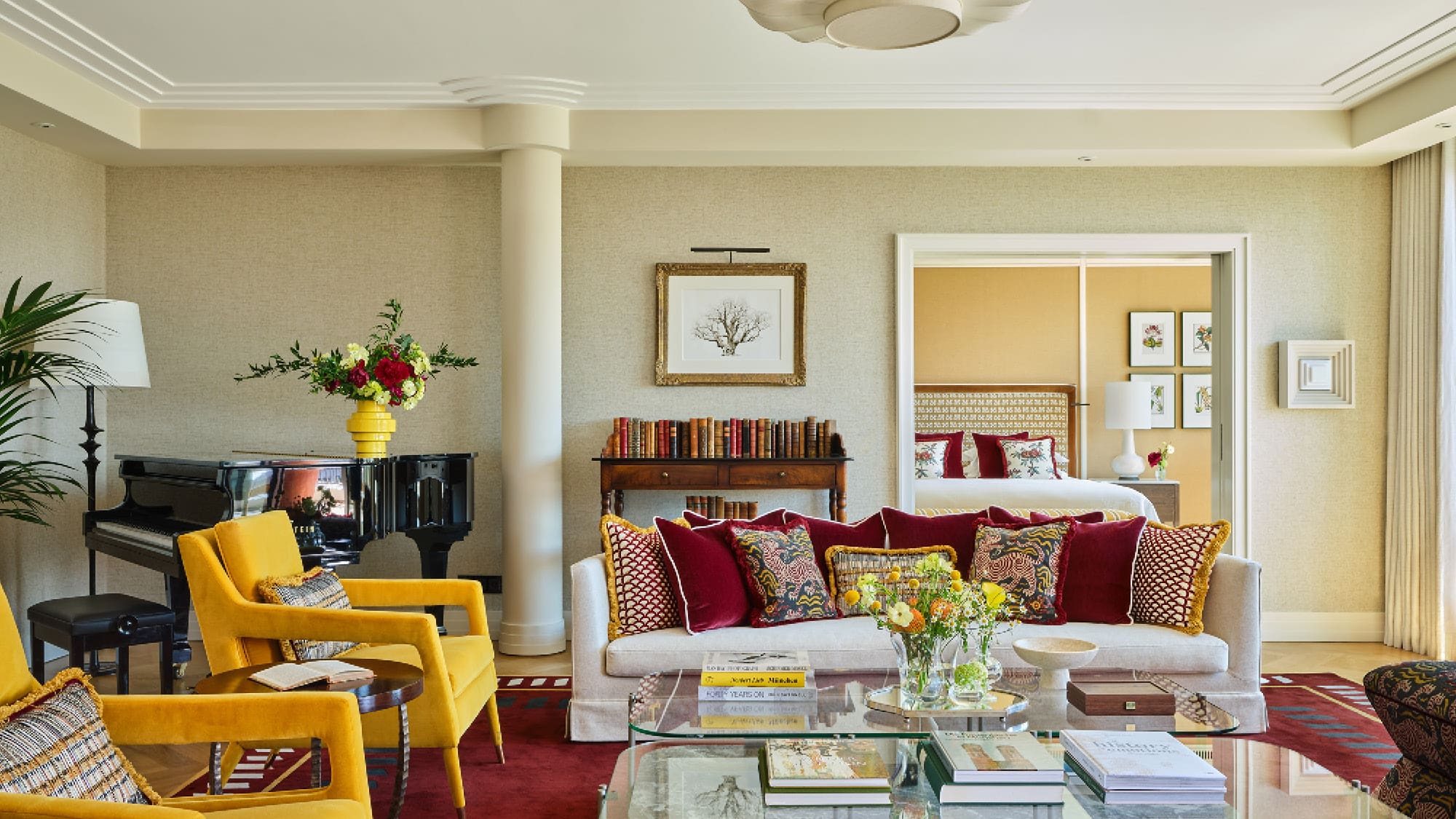 View of the stylish, modern Monforte Suite at The Charles Hotel with private terrace and view over Munich next to the Old Botanical Garden