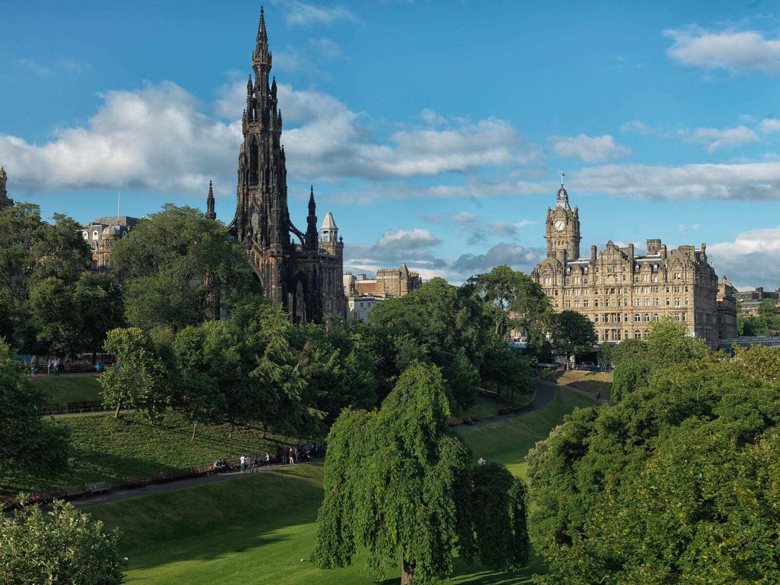 Edinburgh skyline with the Scott Monument and the Balmoral Hotel, seen from Princes Street Gardens